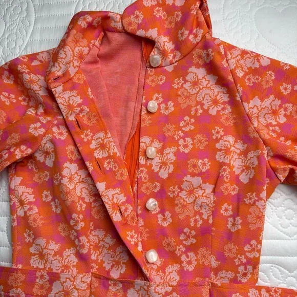 True Vintage 70s Orange Pink White Floral Puff Sleeve Collar Mini Dress Small